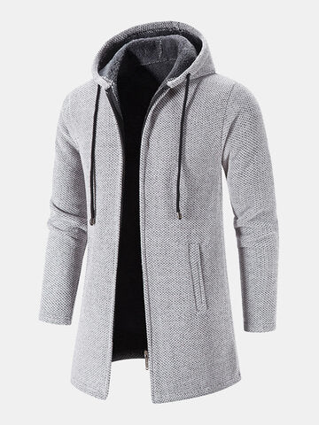 mens chenille knitted plush lined warm drawstring hooded cardigans