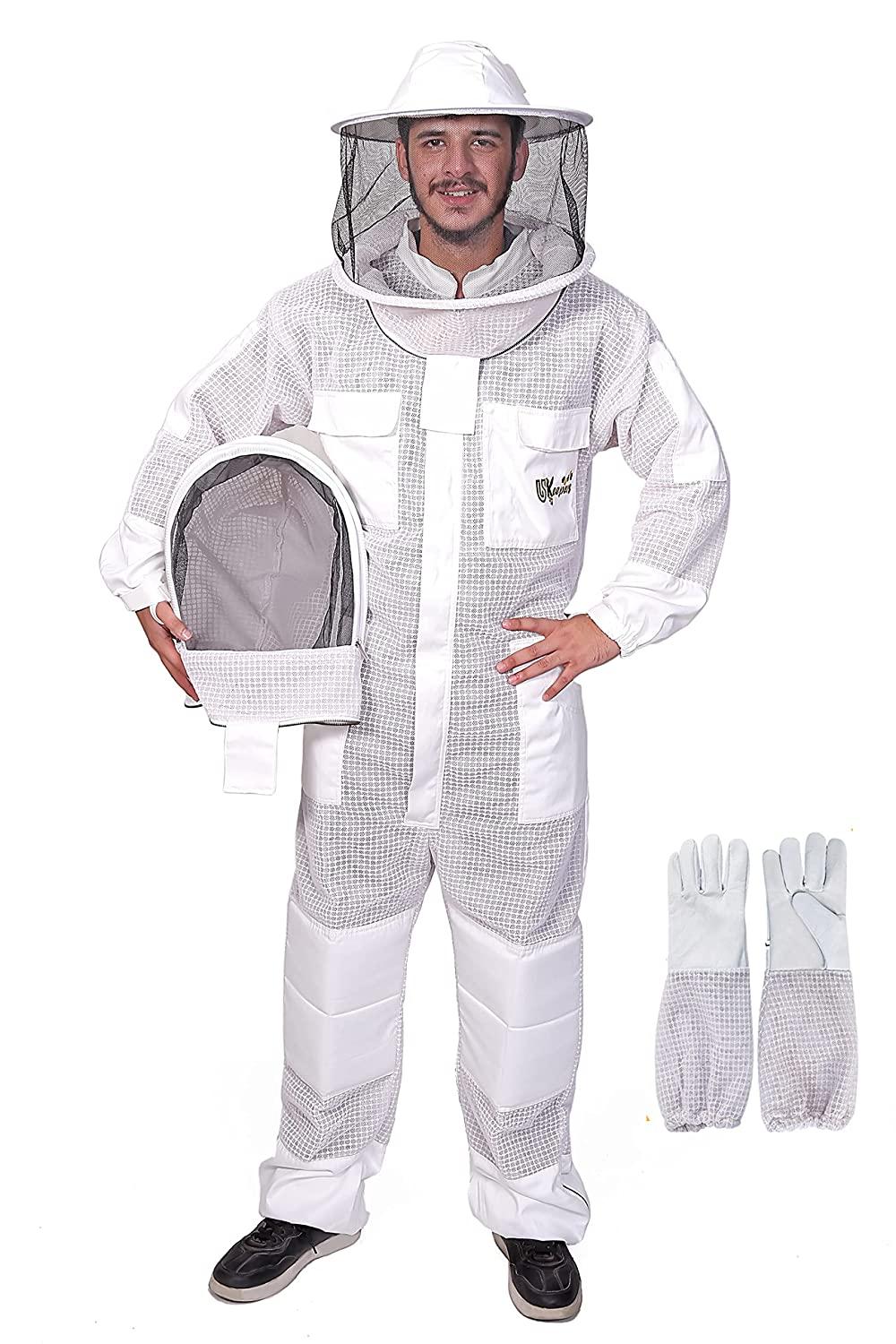 USKEEPERS 3 Layer Bee Suit, Apiarist Ultra Ventilated Beekeeping Suit for Men & Women with Beekeeper Gloves Two Veils, Beekeepers Professional and Beginner Beekeepers. (L), White