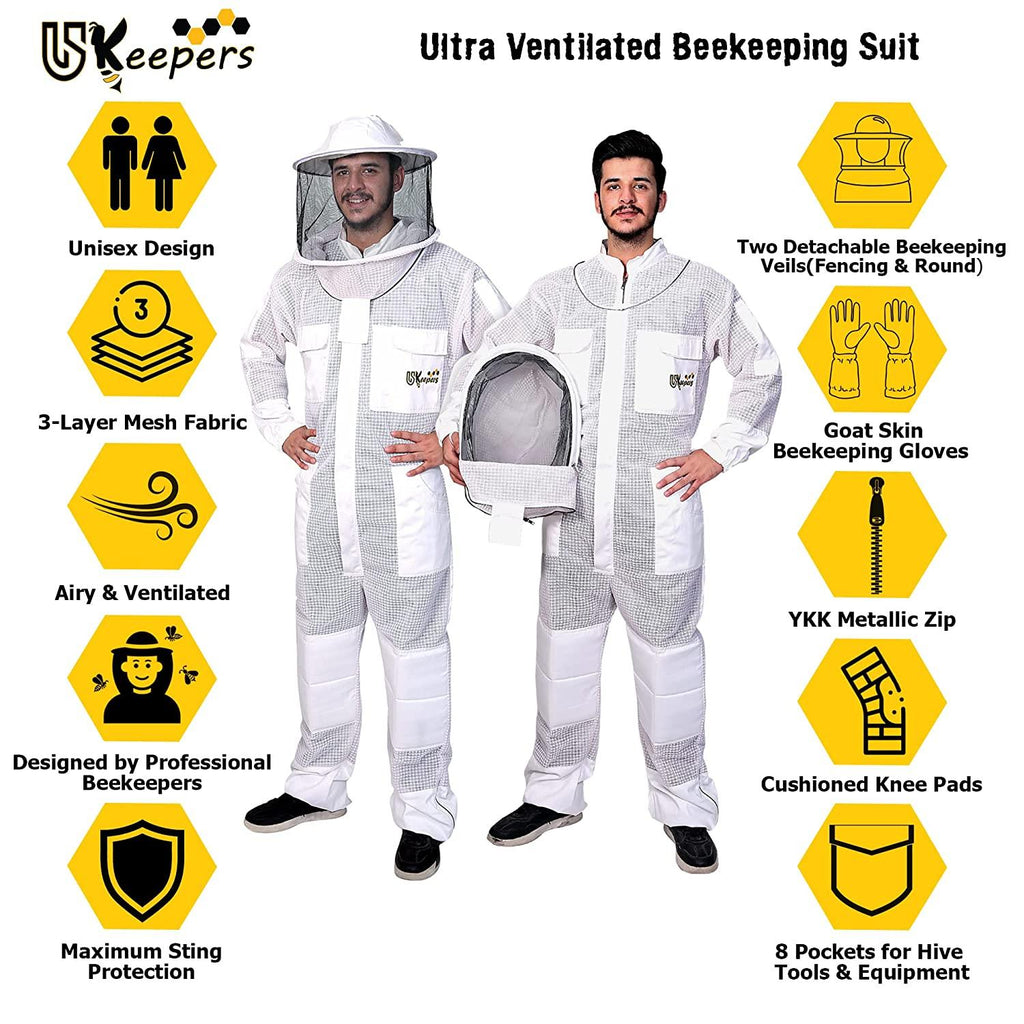 USKEEPERS 3 Layer Bee Suit, Apiarist Ultra Ventilated Beekeeping Suit for Men & Women with Beekeeper Gloves Two Veils, Beekeepers Professional and Beginner Beekeepers. (L), White