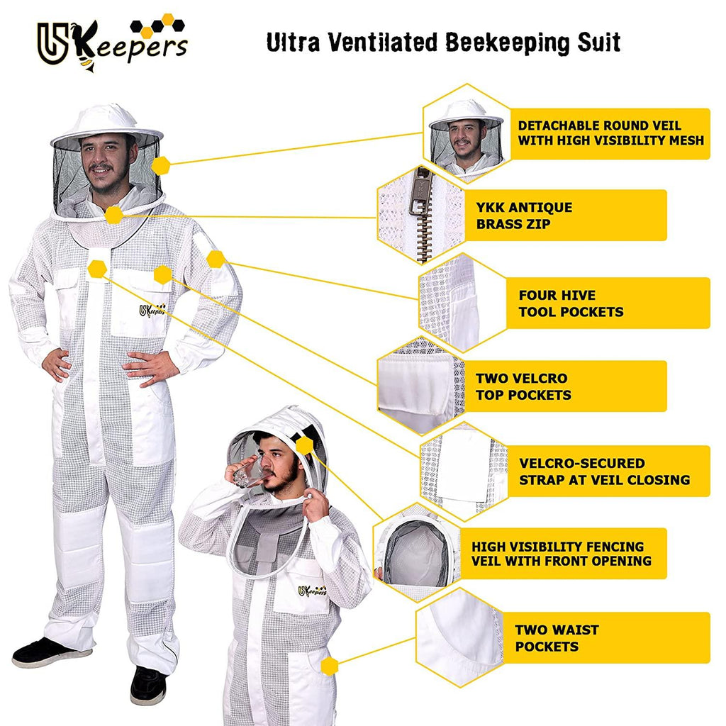 USKEEPERS 3 Layer Bee Suit, Apiarist Ultra Ventilated Beekeeping Suit for Men & Women with Beekeeper Gloves Two Veils, Beekeepers Professional and Beginner Beekeepers. (L), White