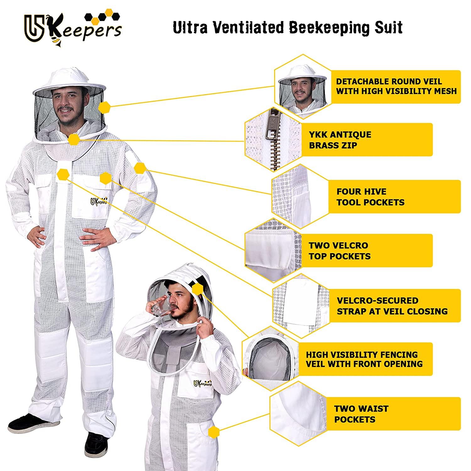 USKEEPERS 3 Layer Bee Suit, Apiarist Ultra Ventilated Beekeeping Suit for Men & Women with Beekeeper Gloves Two Veils, Beekeepers Professional and Beginner Beekeepers. (L), White