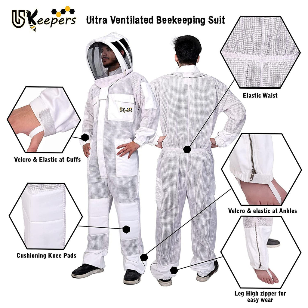 USKEEPERS 3 Layer Bee Suit, Apiarist Ultra Ventilated Beekeeping Suit for Men & Women with Beekeeper Gloves Two Veils, Beekeepers Professional and Beginner Beekeepers. (L), White