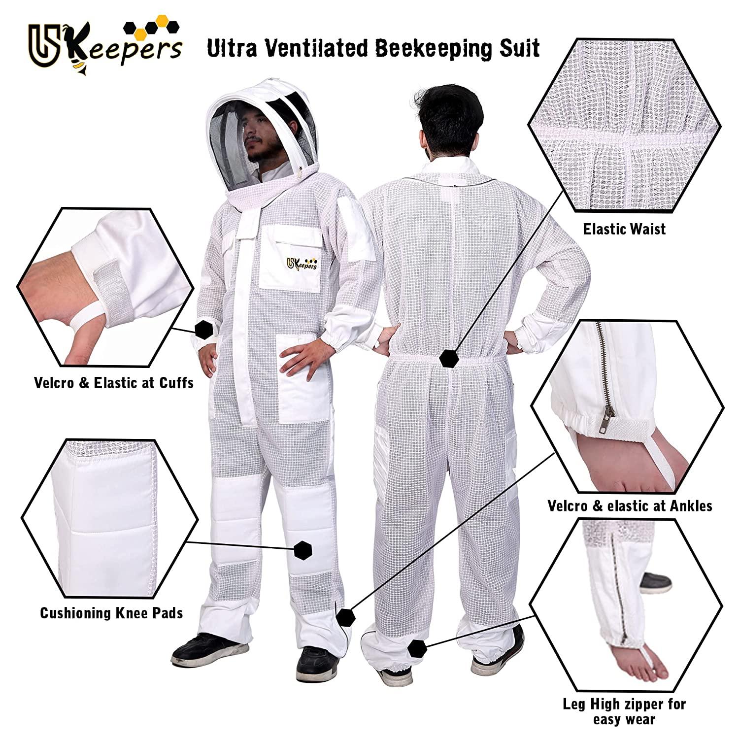USKEEPERS 3 Layer Bee Suit, Apiarist Ultra Ventilated Beekeeping Suit for Men & Women with Beekeeper Gloves Two Veils, Beekeepers Professional and Beginner Beekeepers. (L), White