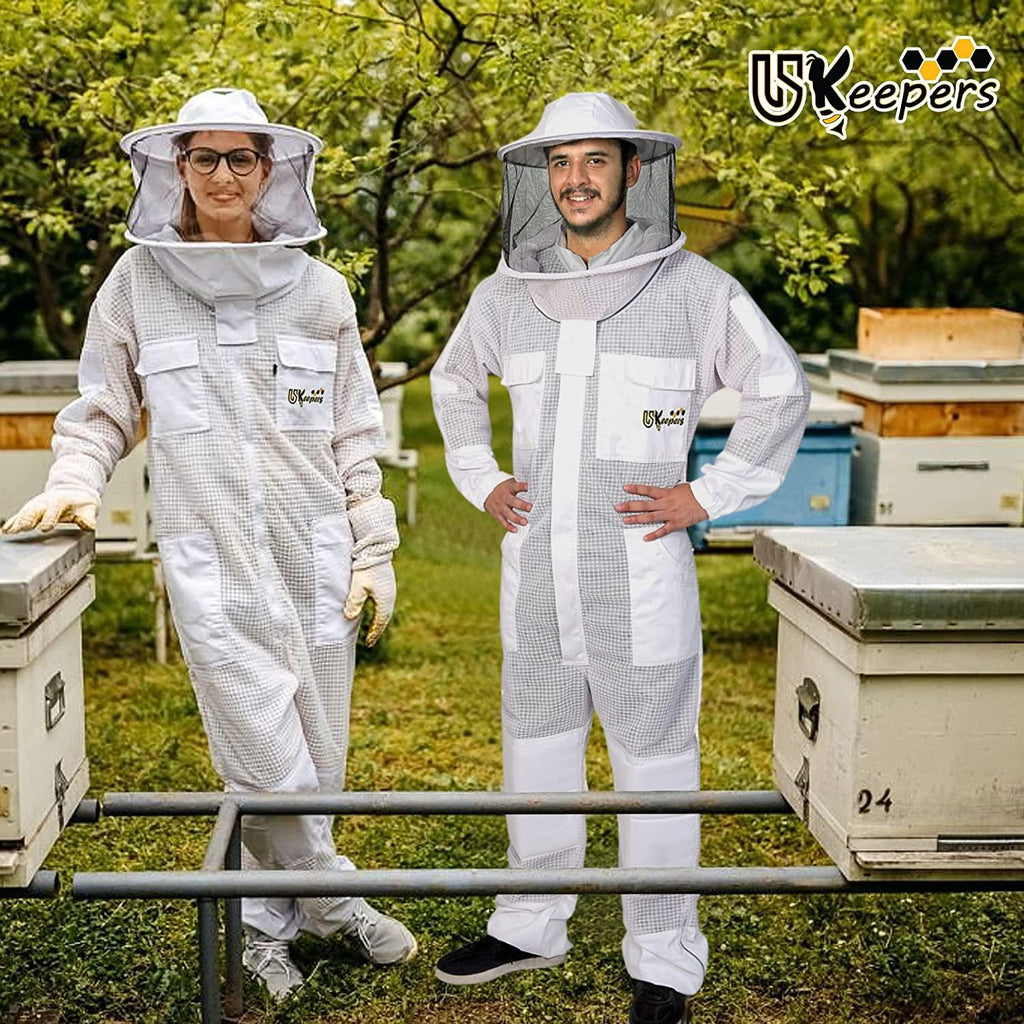 USKEEPERS 3 Layer Bee Suit, Apiarist Ultra Ventilated Beekeeping Suit for Men & Women with Beekeeper Gloves Two Veils, Beekeepers Professional and Beginner Beekeepers. (L), White
