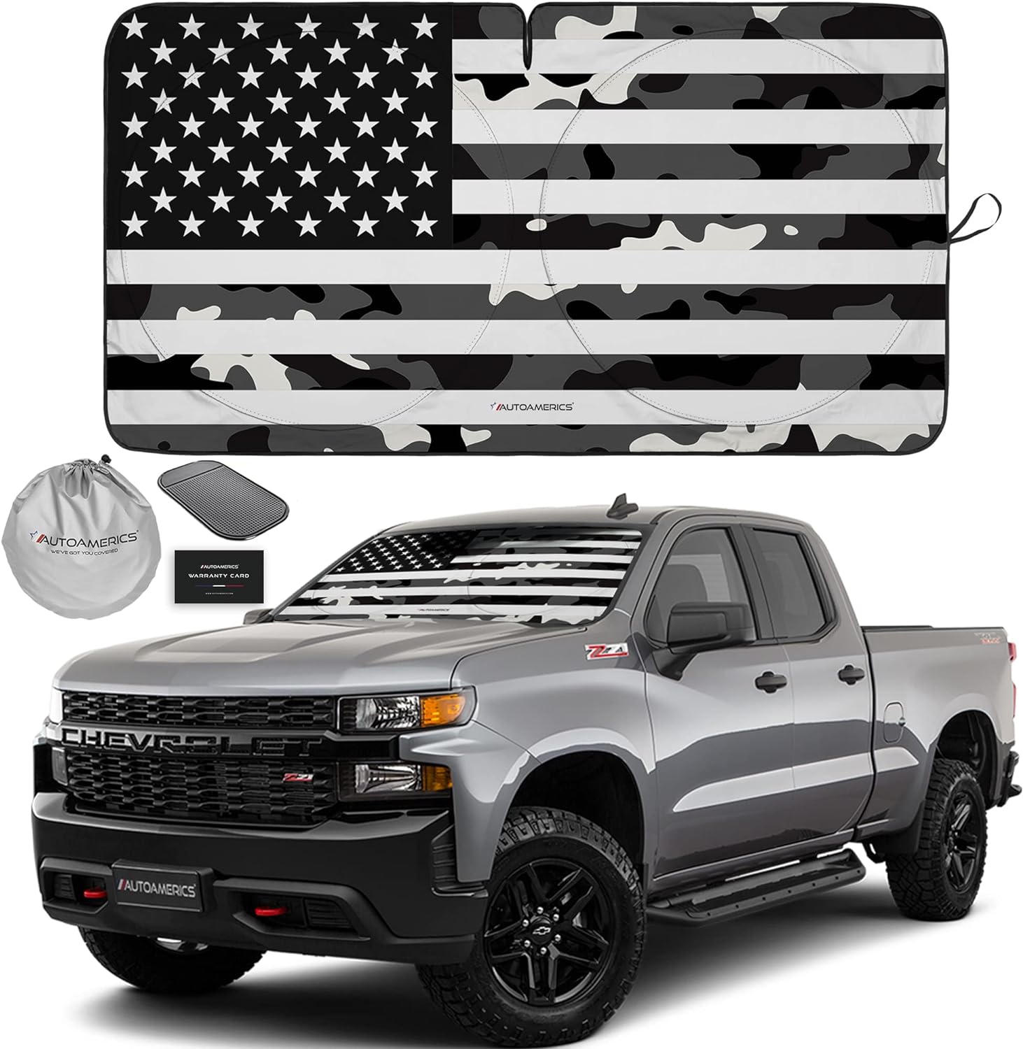 Autoamerics 1-Piece Windshield Sun Shade B&amp;W Camo American Flag USA  - Foldable Car Front Window Sunshade for Most Sedans SUV Truck - Blocks Max UV Rays and Keeps Your Vehicle Cool - Large