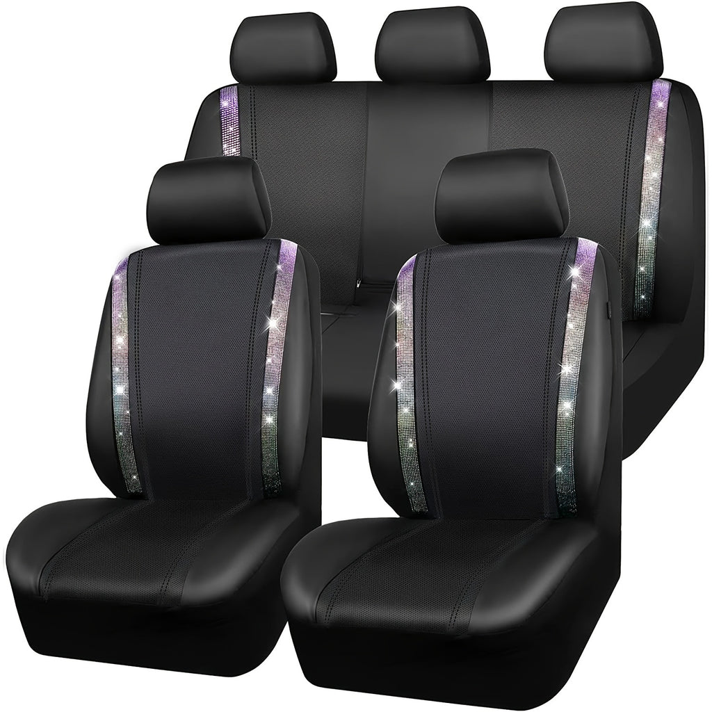 Bling Car Seat Covers Full Set, Shining Rhinestone Waterproof Leather Seat Covers For Women,Universal Fit 95% Automotive, Silver Artificial Diamond