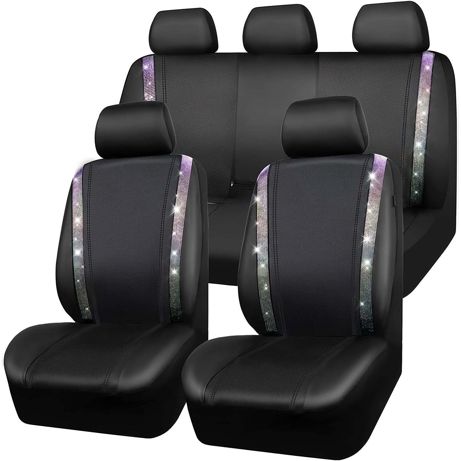 Bling Car Seat Covers Full Set, Shining Rhinestone Waterproof Leather Seat Covers For Women,Universal Fit 95% Automotive, Silver Artificial Diamond