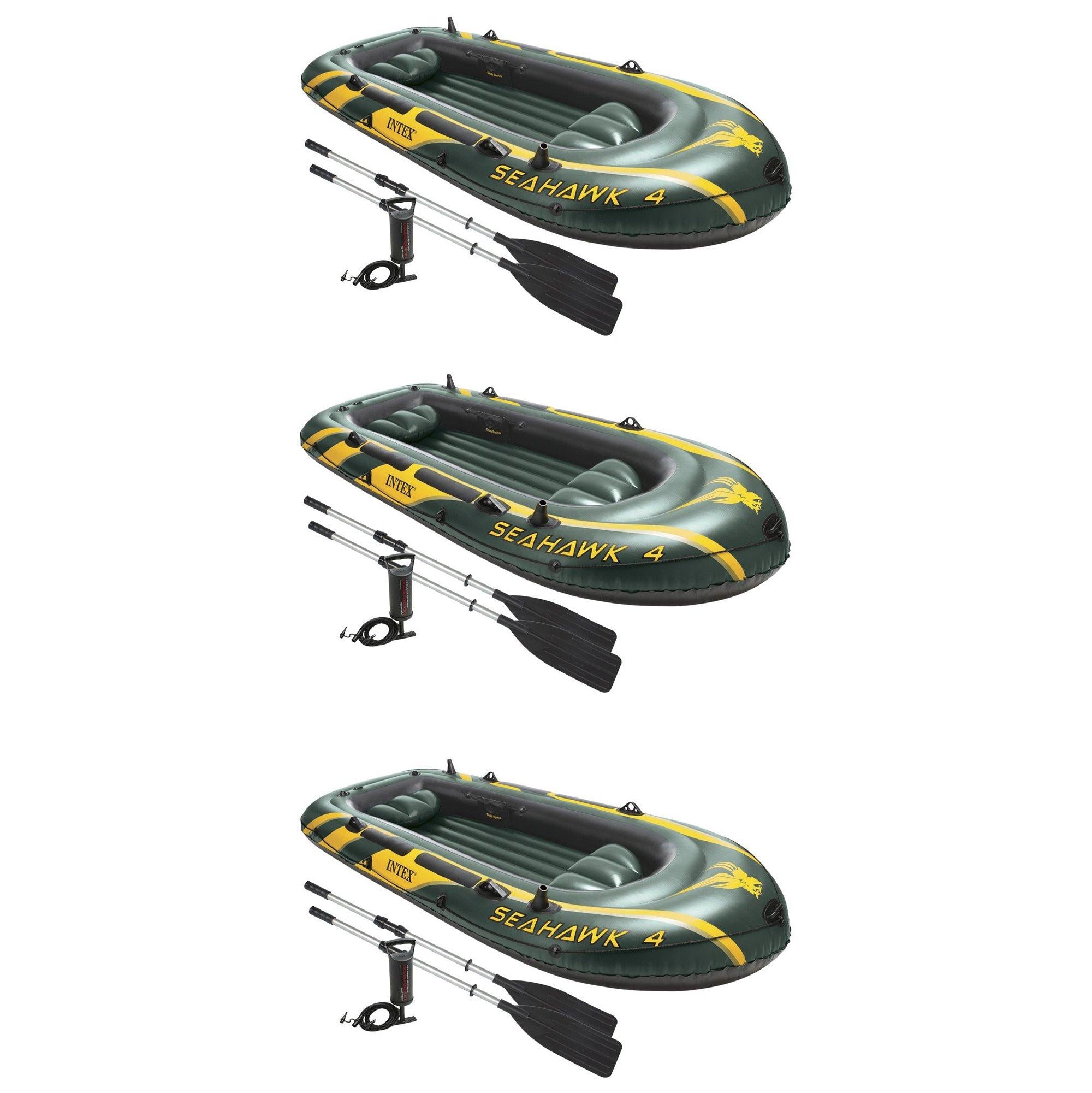 Seahawk 4 Inflatable 4 Person Boat Raft Set with Oars &amp; Air Pump (3 Pack)