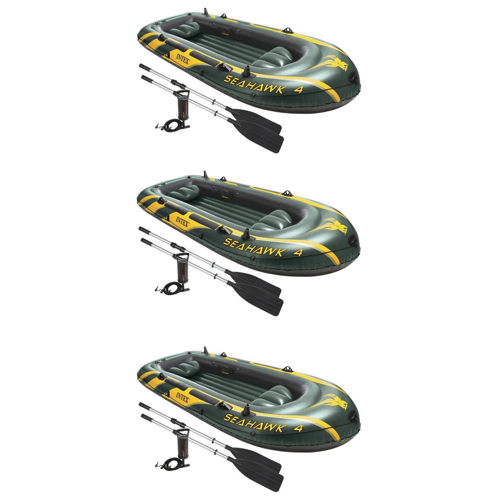 Seahawk 4 Inflatable 4 Person Boat Raft Set with Oars &amp; Air Pump (3 Pack)