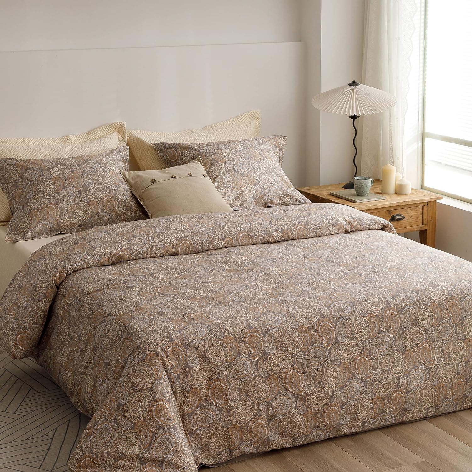 HeimenAogo Egyptian Cotton Duvet Cover Queen Size Sateen Weave, Silky Soft Boho Duvet Cover Zipper Closure, Long Staple Cotton Bed Linen Paisley Pattern 3Pcs