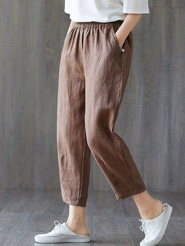 Womens plus size cotton linen elastic pants