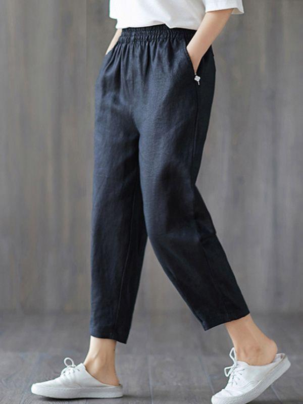 Womens plus size cotton linen elastic pants