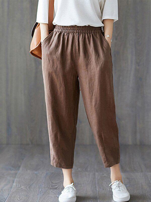 Womens plus size cotton linen elastic pants