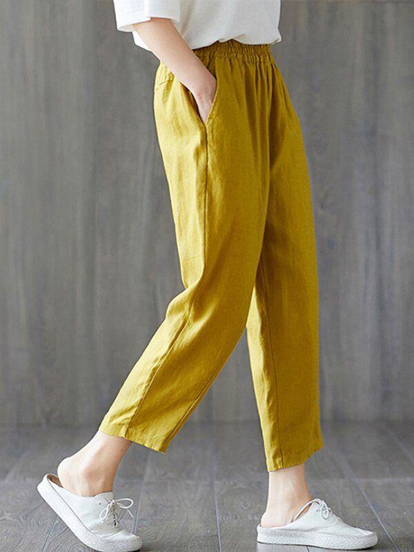 Womens plus size cotton linen elastic pants