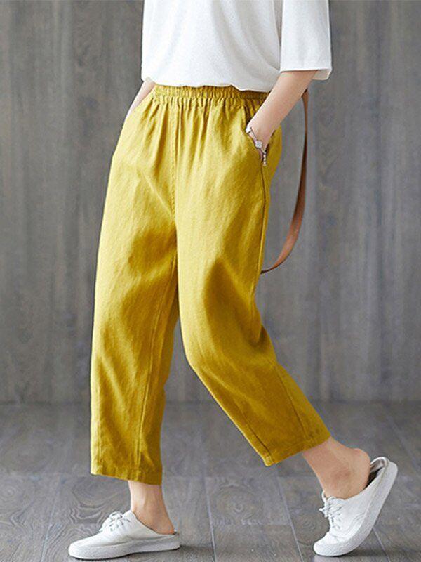 Womens plus size cotton linen elastic pants