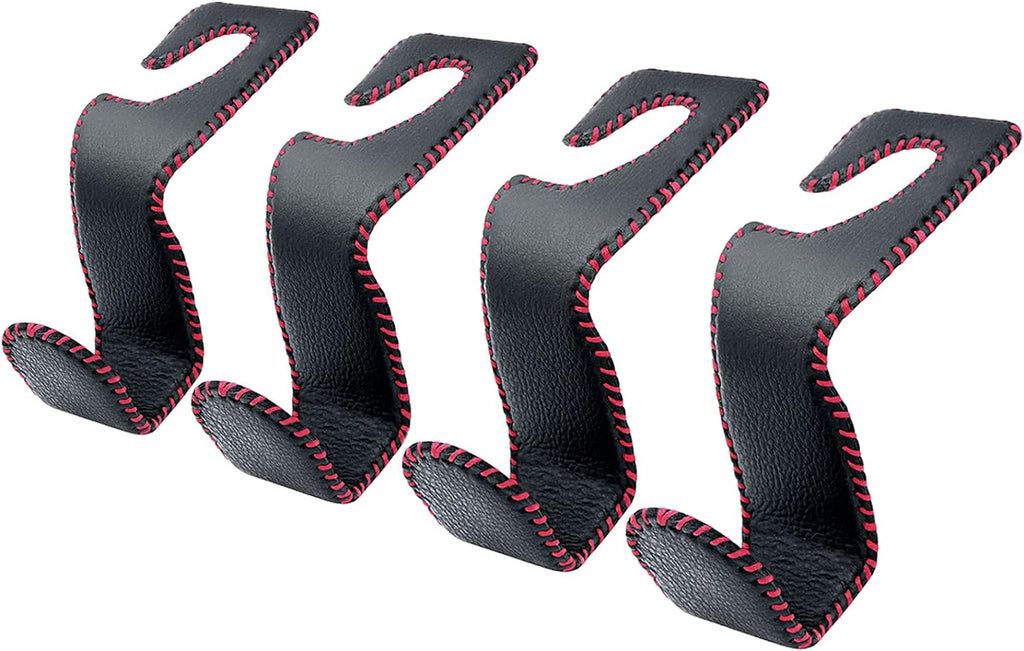 EldHus Seat Hooks for Purses and Bags, 4 Pack Car Purse Holder for Grocery Bag Handbag Clothes, Metal Headrest Hooks Covered by Leather, Black Red