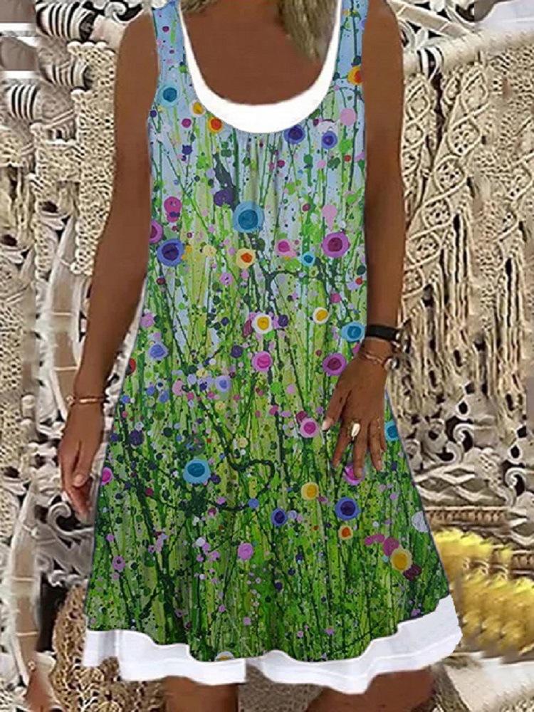 Women'S Round Neck Loose Floral Print Fashion Casual Shift Dress
