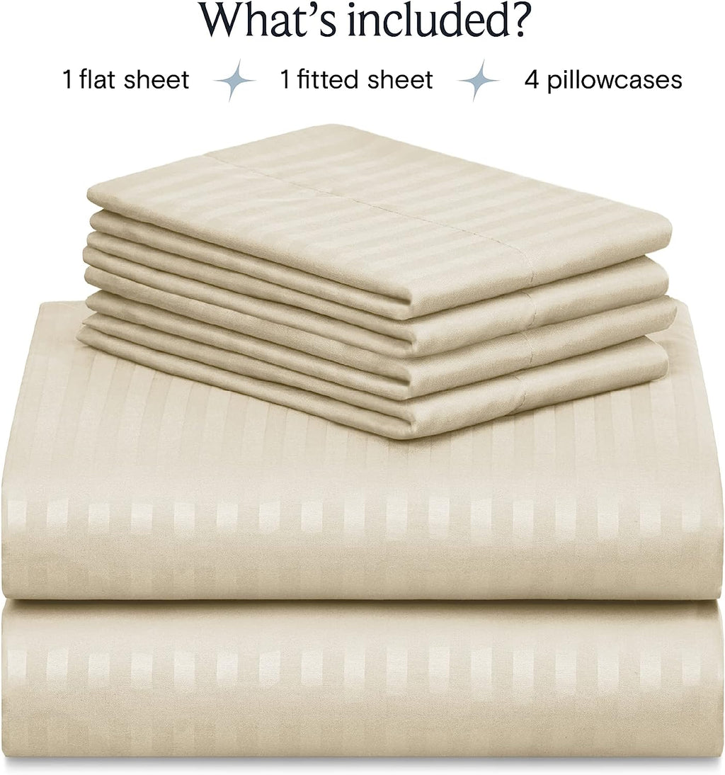 LuxClub Striped Sheets Set, 6 PC Striped Bed Sheets Full Size, Deep Pockets 18" Eco Friendly Wrinkle Free Cooling Sheets Machine Washable Hotel Bedding Silky Soft (Full, Striped Cream)