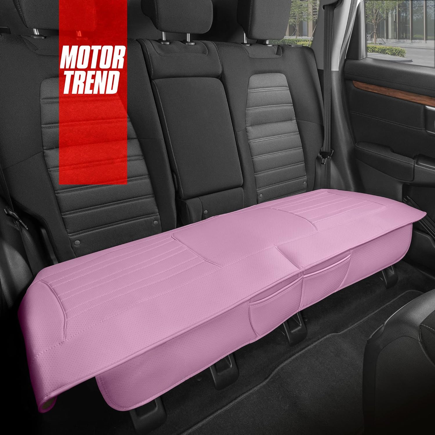 Motor Trend Seat Cover for Cars Trucks SUV, Faux Leather Rear Bench Pink Padded Car Seat Cover with Storage Pockets, Premium Interior Car Seat Cover