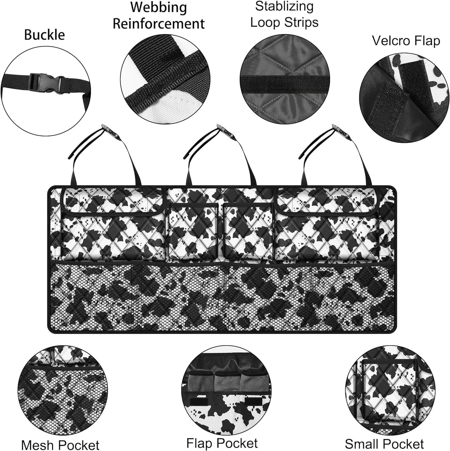 Femuar Car Trunk Organizer,Large Capacity Backseat Trunk Organizer(42"*18"),Collapsible Car Storage Bag with 8 Pocekt,Car Organizer for SUV/MPV/Truck - Cow print