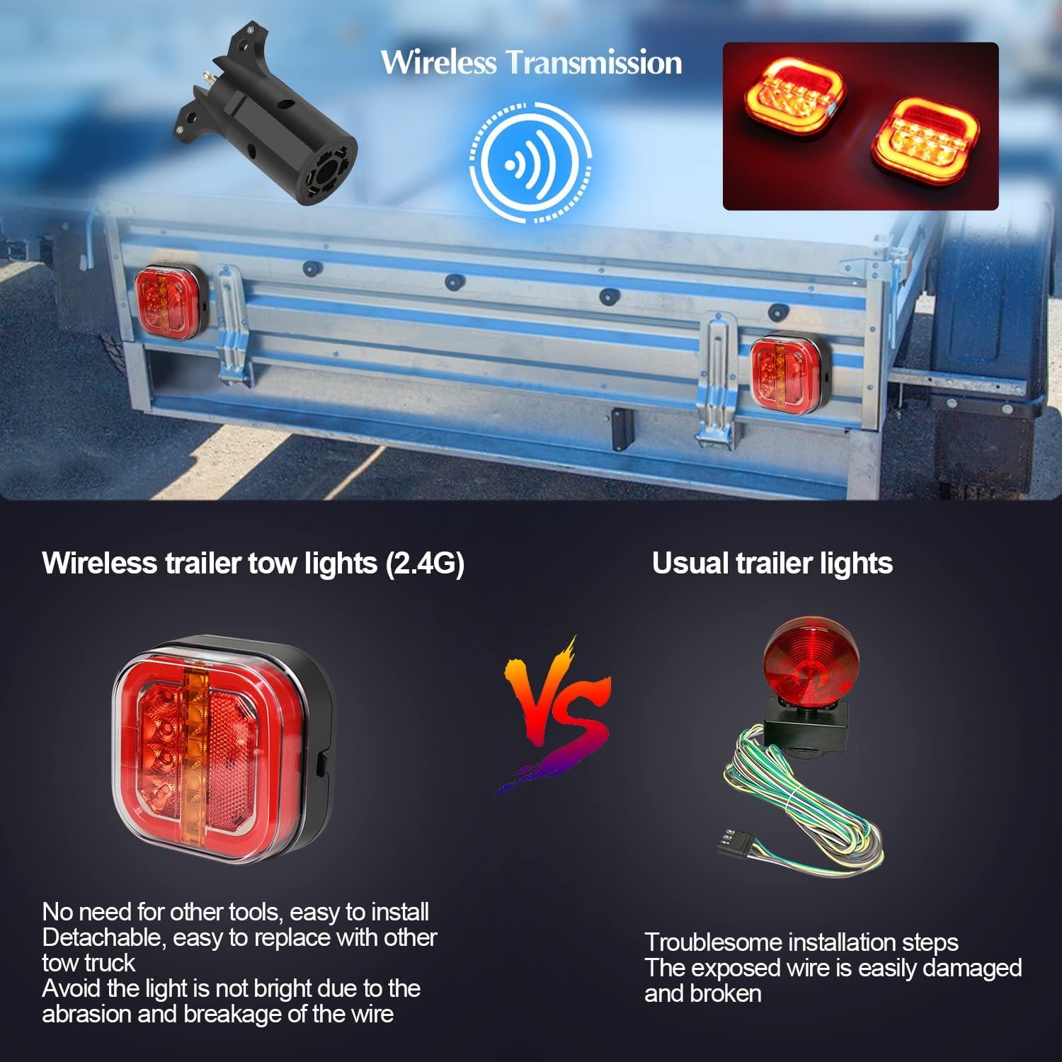 Wireless Trailer Lights for Towing, 2 Pcs Rechargeable LED Magnetic Tail Light Kit for Tow Truck, Waterproof Durable Tow Lights Kit for Boat Utility RV Camper Jet Ski Boats Caravan (4 Way Connector)