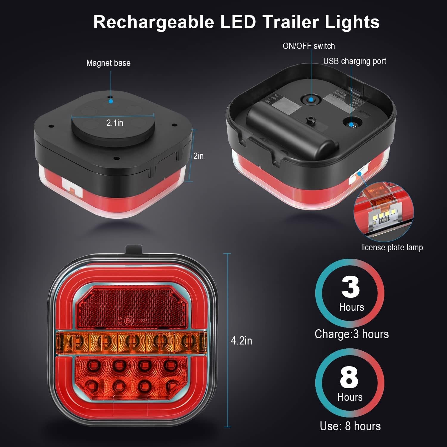 Wireless Trailer Lights for Towing, 2 Pcs Rechargeable LED Magnetic Tail Light Kit for Tow Truck, Waterproof Durable Tow Lights Kit for Boat Utility RV Camper Jet Ski Boats Caravan (4 Way Connector)