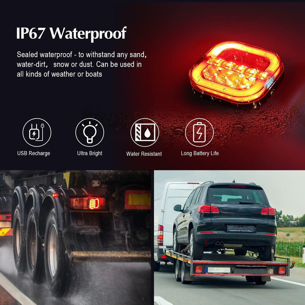 Wireless Trailer Lights for Towing, 2 Pcs Rechargeable LED Magnetic Tail Light Kit for Tow Truck, Waterproof Durable Tow Lights Kit for Boat Utility RV Camper Jet Ski Boats Caravan (4 Way Connector)