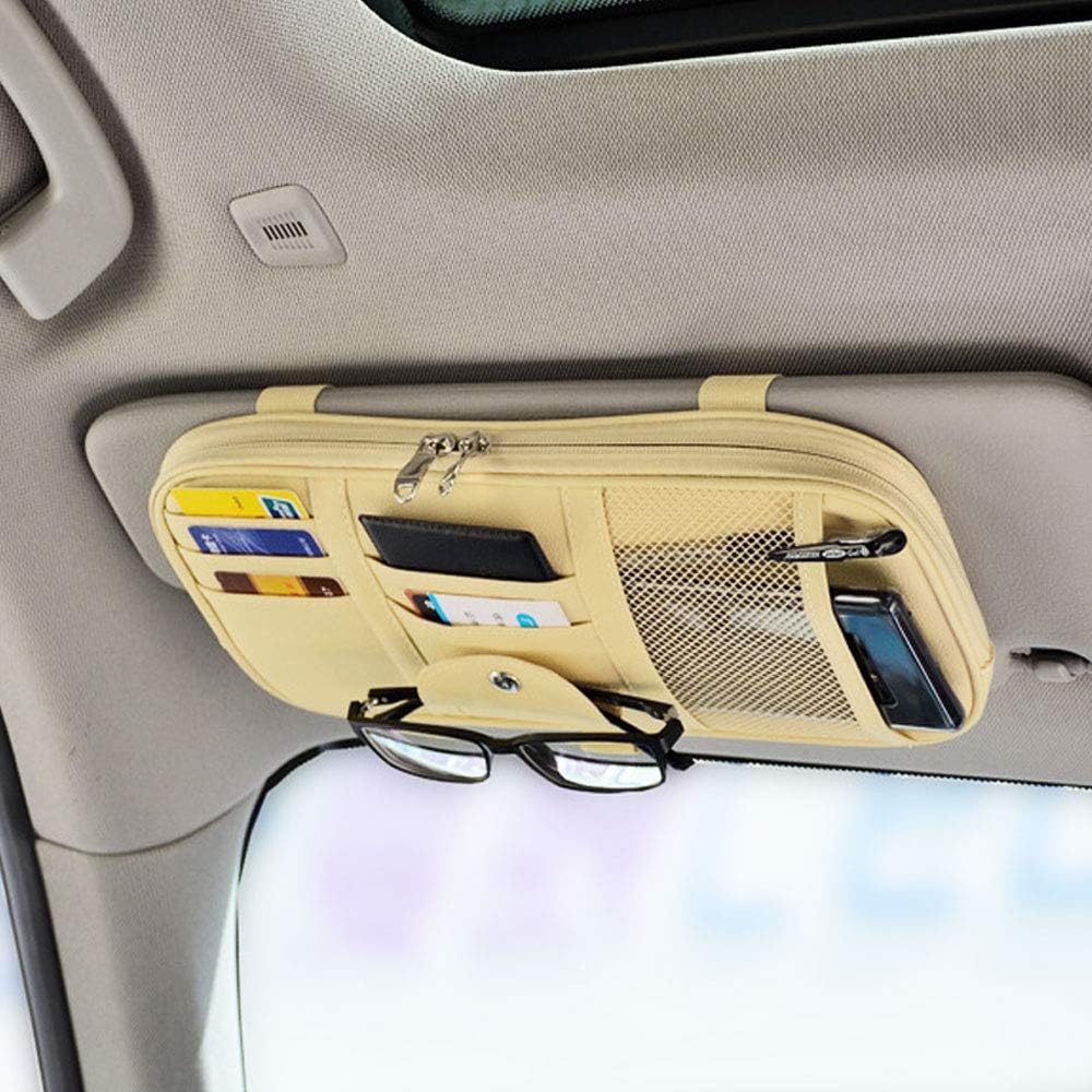 Da by Car Sun Visor Organizer Auto Car Visor Pocket and Interior Accessories Car Truck Visor Storage Pouch Holder with Multi-Pocket Net Zippers (Beige Light Yellow)