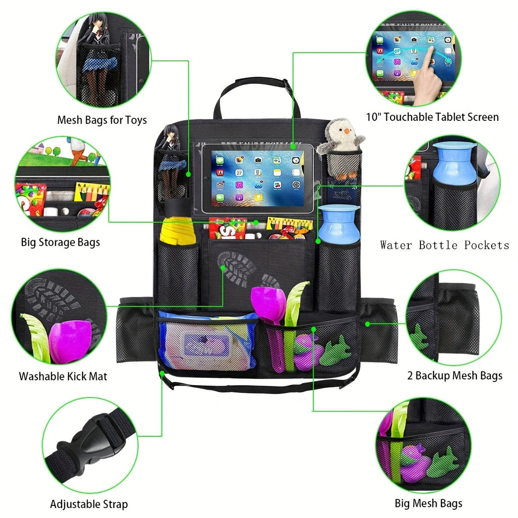 Car Seat Back StoraBag, Waterproof Durable Car Seat Organizer With Clear Screen Tablet Holder, 12 StoraPockets Seat Back Protectors