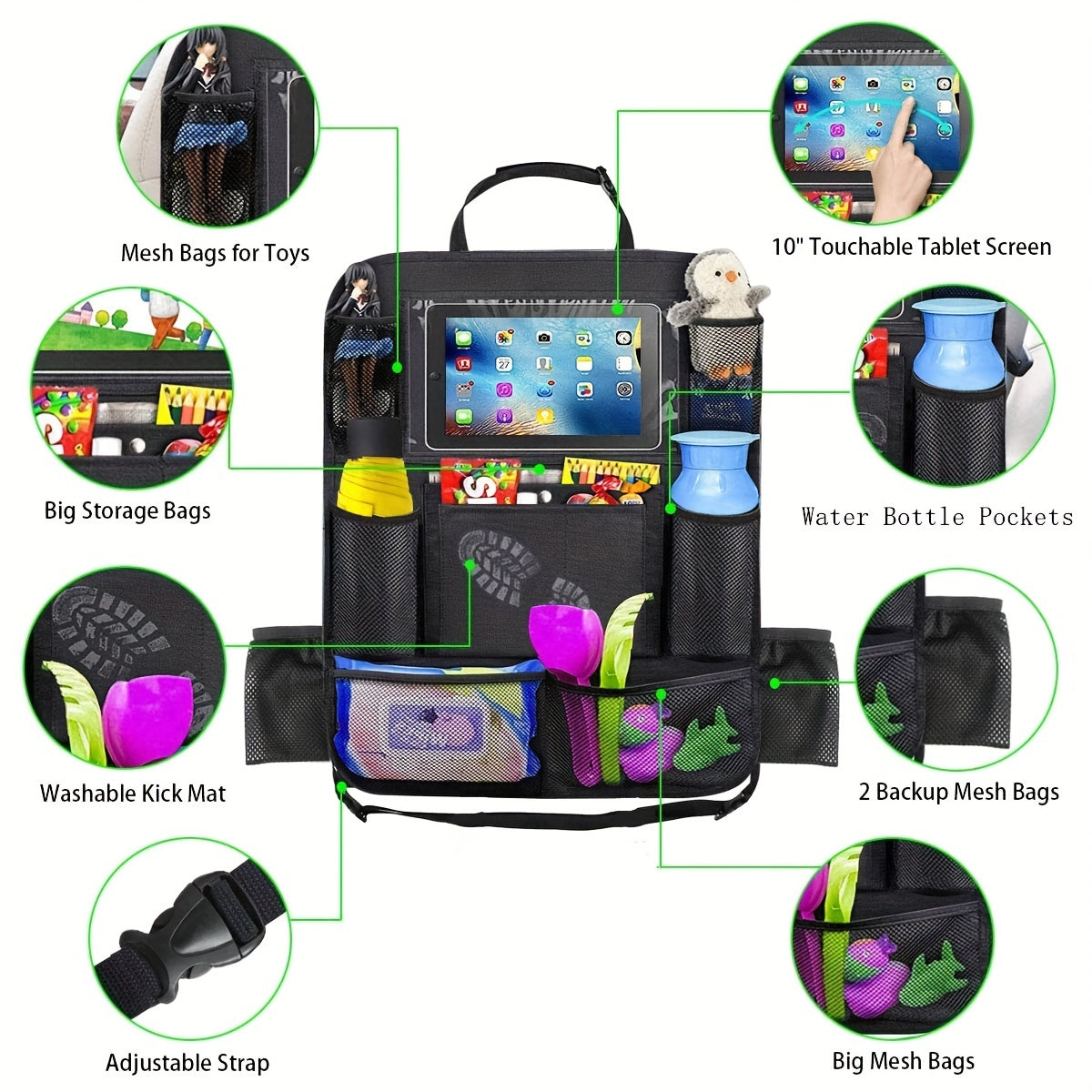 Car Seat Back StoraBag, Waterproof Durable Car Seat Organizer With Clear Screen Tablet Holder, 12 StoraPockets Seat Back Protectors