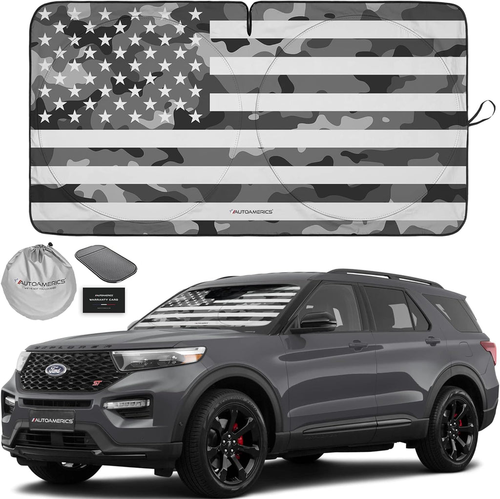 Autoamerics 1-Piece Windshield Sun Shade Gray Camo American Flag USA  - Foldable Car Front Window Sunshade for Most Sedans SUV Truck - Blocks Max UV Rays and Keeps Your Vehicle Cool - Medium