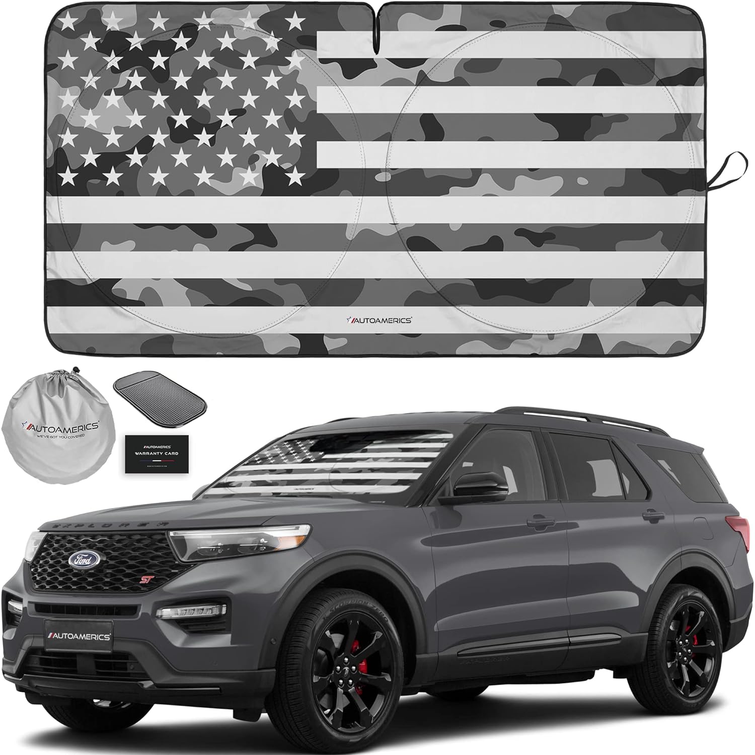 Autoamerics 1-Piece Windshield Sun Shade Gray Camo American Flag USA  - Foldable Car Front Window Sunshade for Most Sedans SUV Truck - Blocks Max UV Rays and Keeps Your Vehicle Cool - Medium