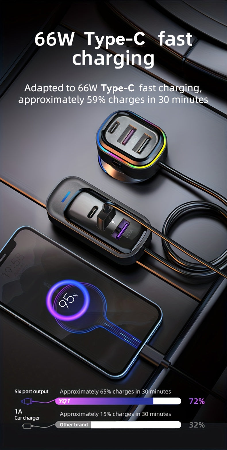 81W Fast Car CharThe Front And Rear Of The 6-port Expansion Car Are Charged Simultaneously 1 Type-C 2 USB 59.06inch Extension Cable Anti-slip Clamp