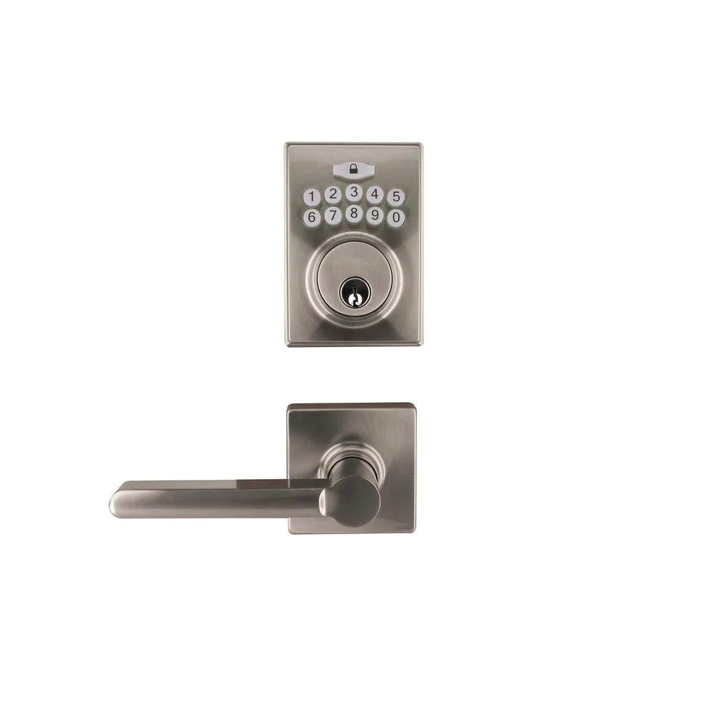 Square Satin Nickel Electronic Keypad Single Cylinder Deadbolt with TonbridDoor Lever Combo Pack