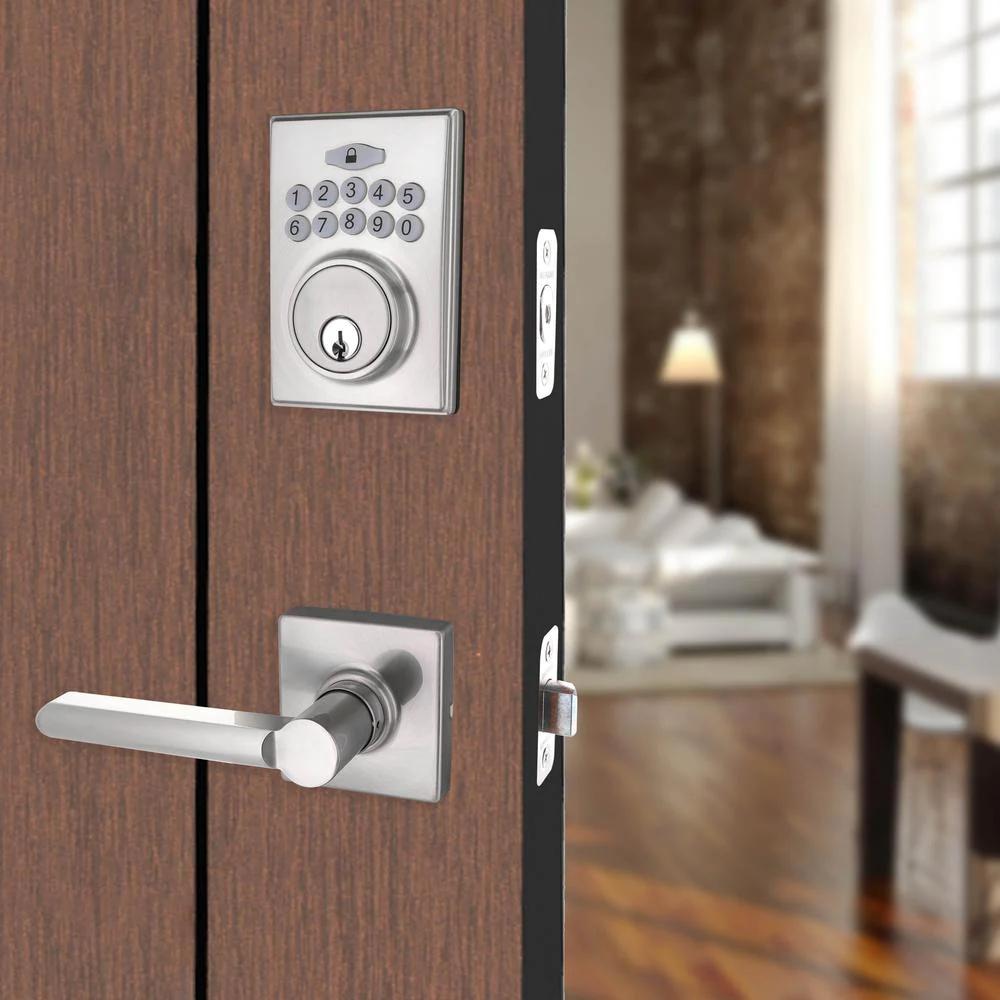 Square Satin Nickel Electronic Keypad Single Cylinder Deadbolt with TonbridDoor Lever Combo Pack