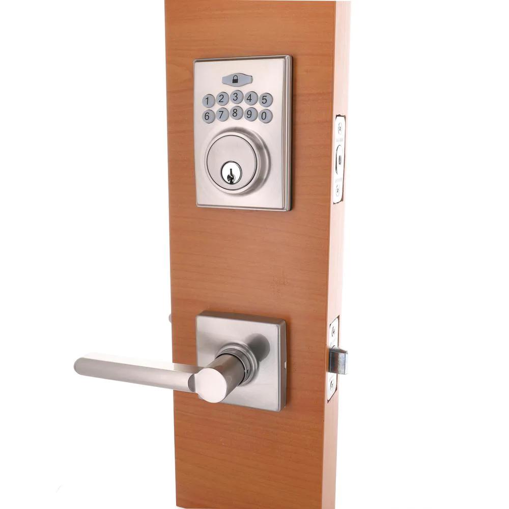 Square Satin Nickel Electronic Keypad Single Cylinder Deadbolt with TonbridDoor Lever Combo Pack