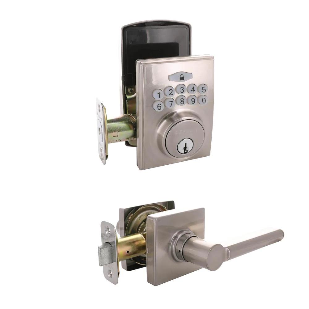 Square Satin Nickel Electronic Keypad Single Cylinder Deadbolt with TonbridDoor Lever Combo Pack