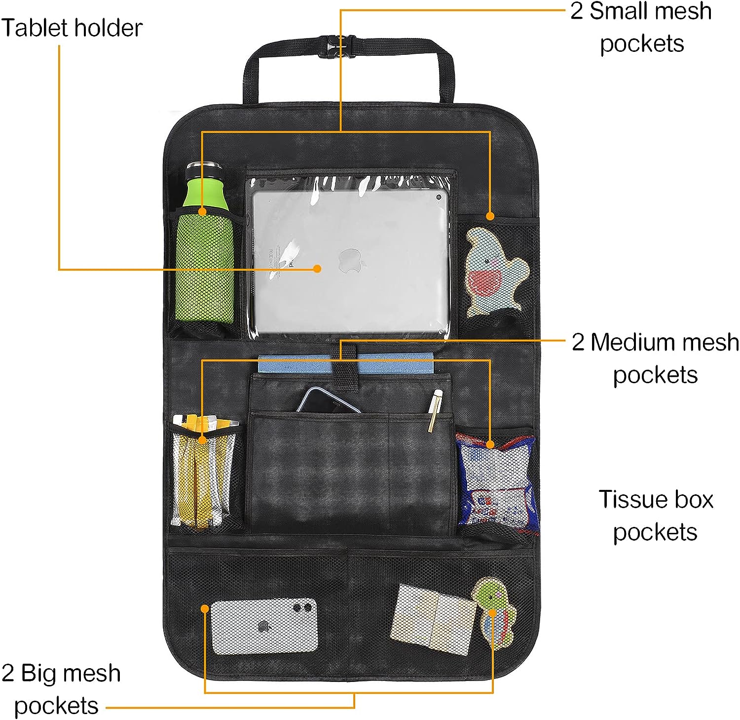 JUCAINHI Car Storage Organizer 2 PCS,Car Backseat Organizer for Kids Durable Waterproof Oxford Fabric with Touchable Tablet Holder 8 Mesh Pockets and 2 Pockets for Snacks Toys,Car Travel Accessories