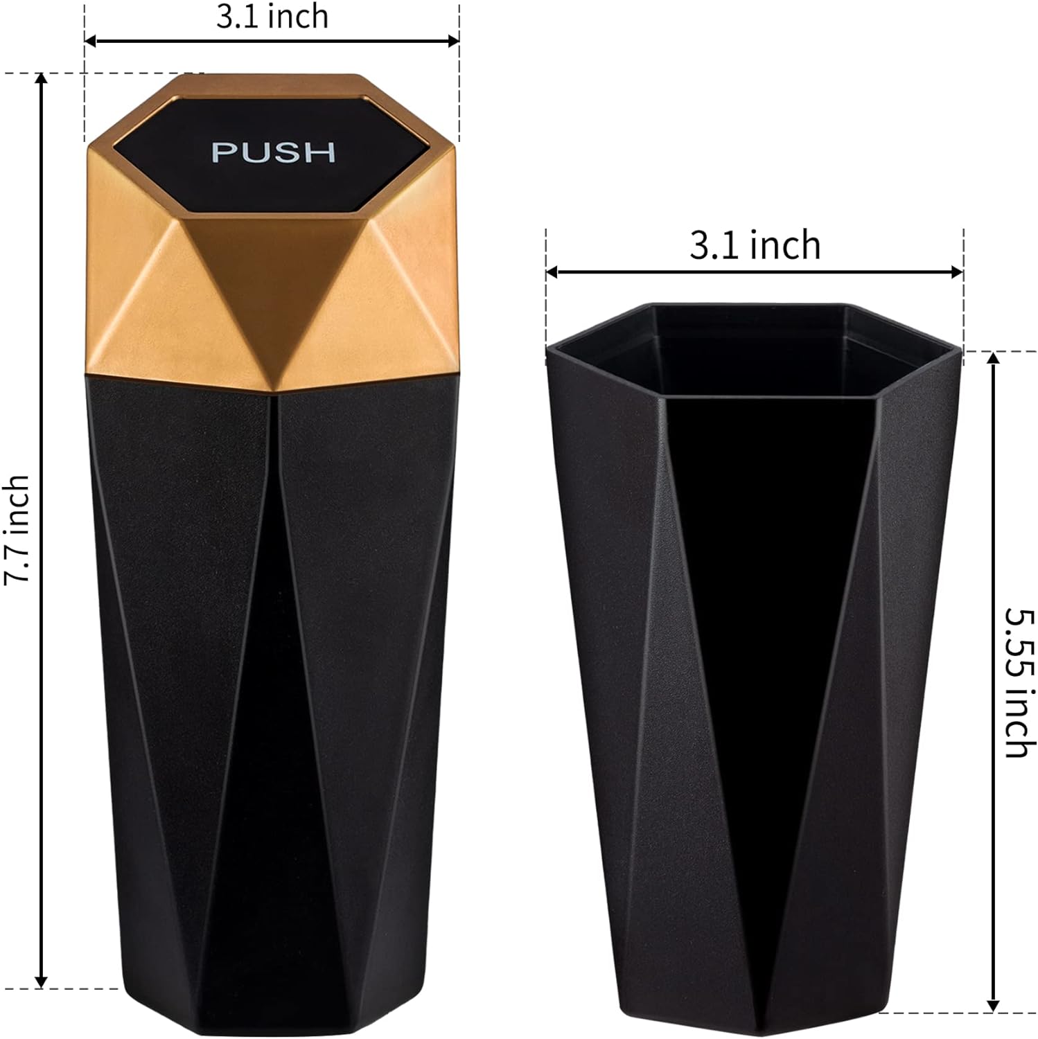 JUSTTOP Car Trash Can with Lid, Diamond  Small Automatic Portable Trash Can, Easy to Clean, Used in Car Home Office Interior Accessories, 2PCS(Gold)