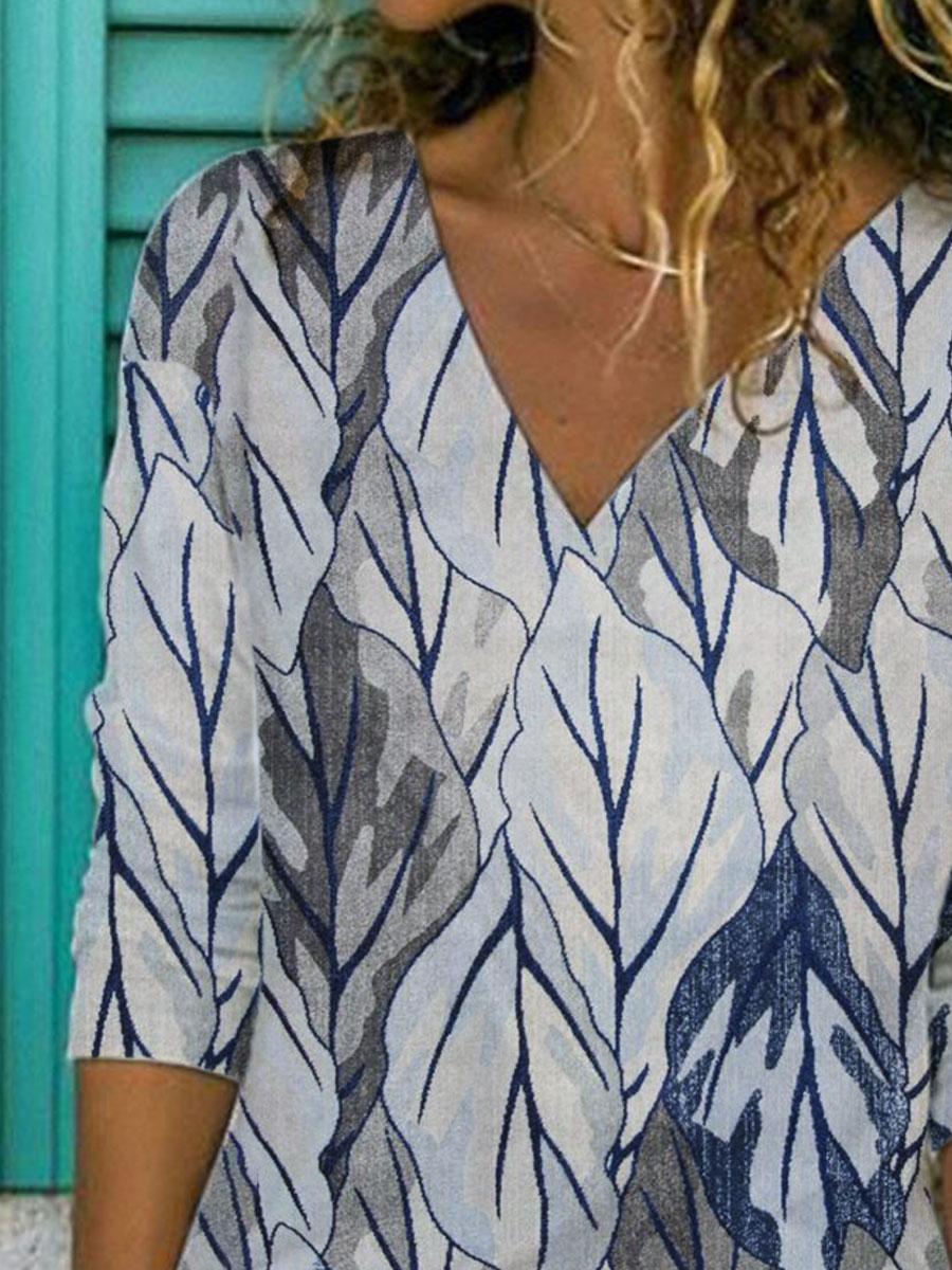V-neck Leaf Print Loose Long-sleeved T-shirt