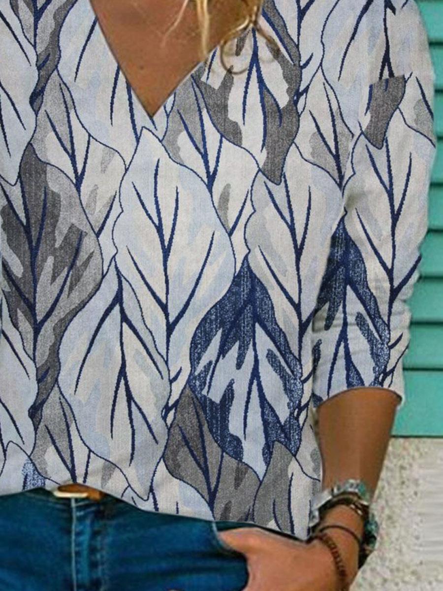 V-neck Leaf Print Loose Long-sleeved T-shirt