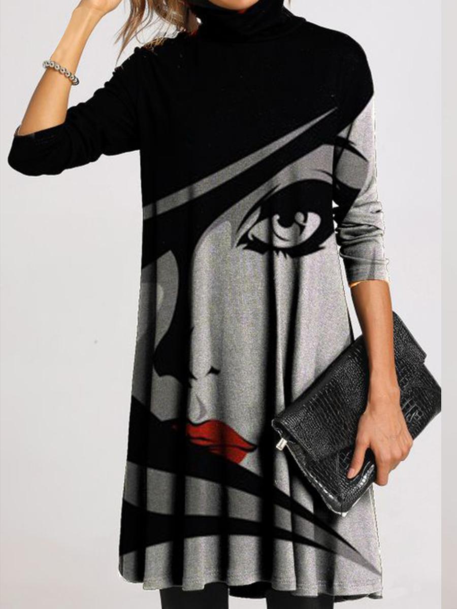 Casual Character Tunic High Neckline A-line Shift Dress
