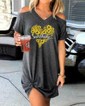 casual flower heart print cold shoulder mini dress