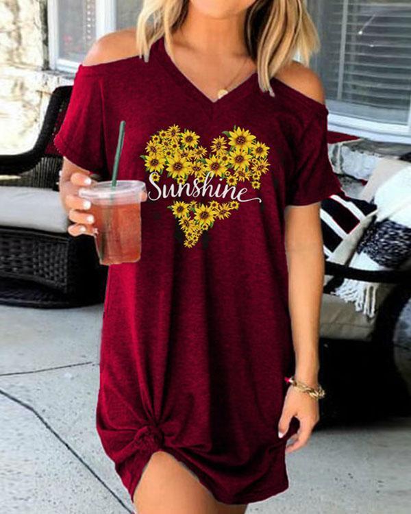 casual flower heart print cold shoulder mini dress