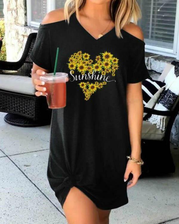 casual flower heart print cold shoulder mini dress
