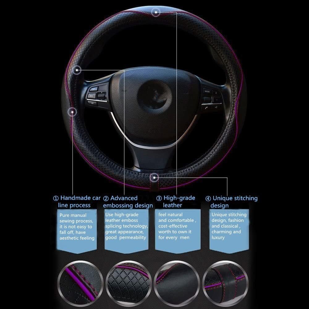 Gomass Car Steering Wheel Cover, Anti-Slip, Safety, Soft, Breathable, Heavy Duty, Thick, Full Surround, Sports Style (Black with Purple line)