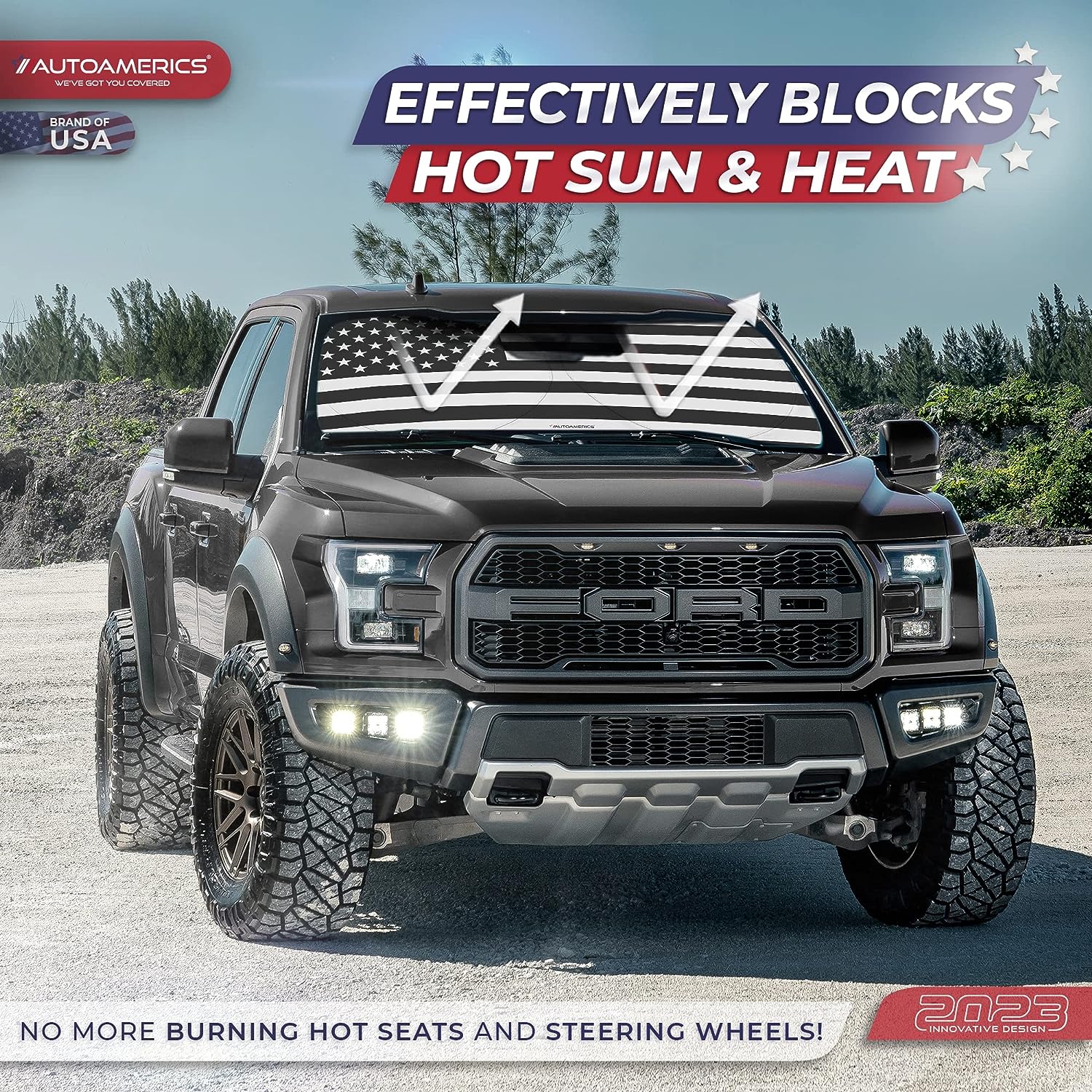 Autoamerics 1-Piece Windshield Sun Shade B&amp;W American Flag USA Patriotic  - Foldable Car Fits Easily to SUV &amp; Truck vehicles UV Ray Blocker Keeps Your Vehicle Cool Large