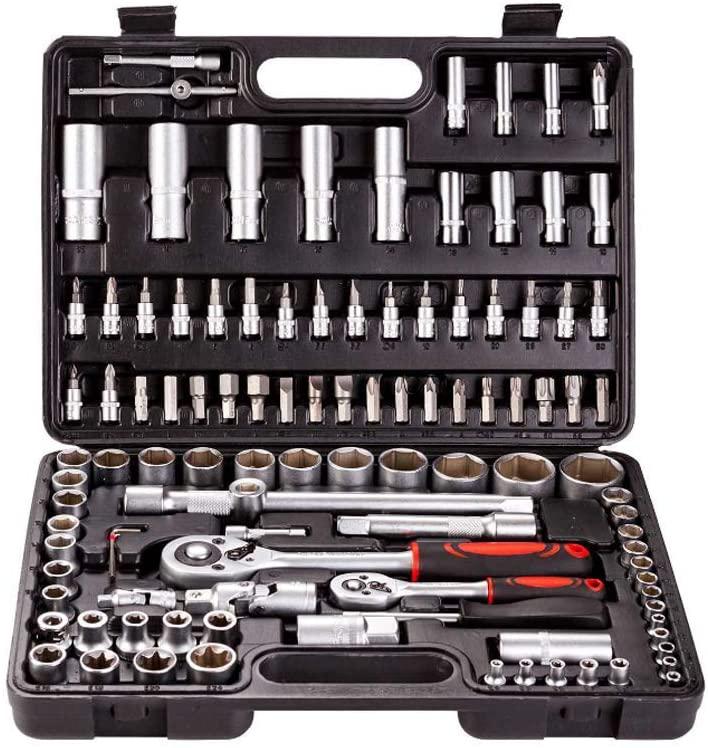 FMOCar Repair 108pcs Wrench Socket Set External Torx Screwdriver Bit Ratchet  Release Spanner 1/2" 1/4" Driver Metric,Hand Tool Sets