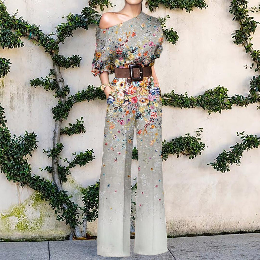 Fashion Floral Print One Shoulder Holiday Casual Jumpsuit Women
