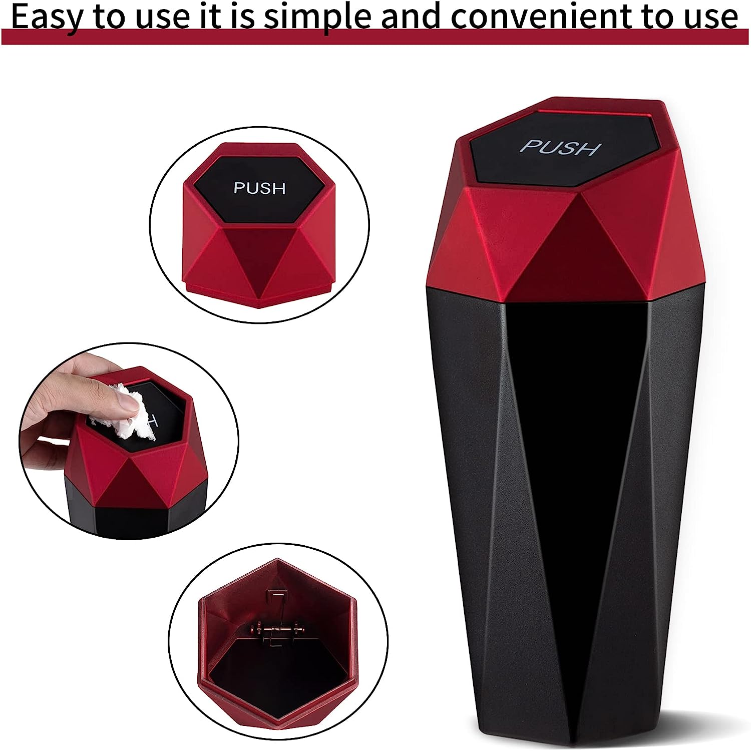 JUSTTOP Car Trash Can with Lid, Diamond  Small Automatic Portable Trash Can, Easy to Clean, Used in Car Home Office Interior Accessories, 2PCS (Red)